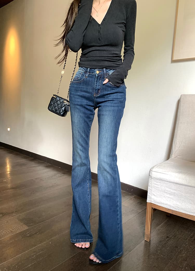 워싱 블루 로우웨이스트 슬림 플레어 데님 팬츠 상세 이미지 47