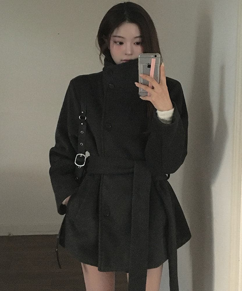 단색 스탠드 칼라 더블 버튼 미디 코트 (3color) 상세 이미지 4