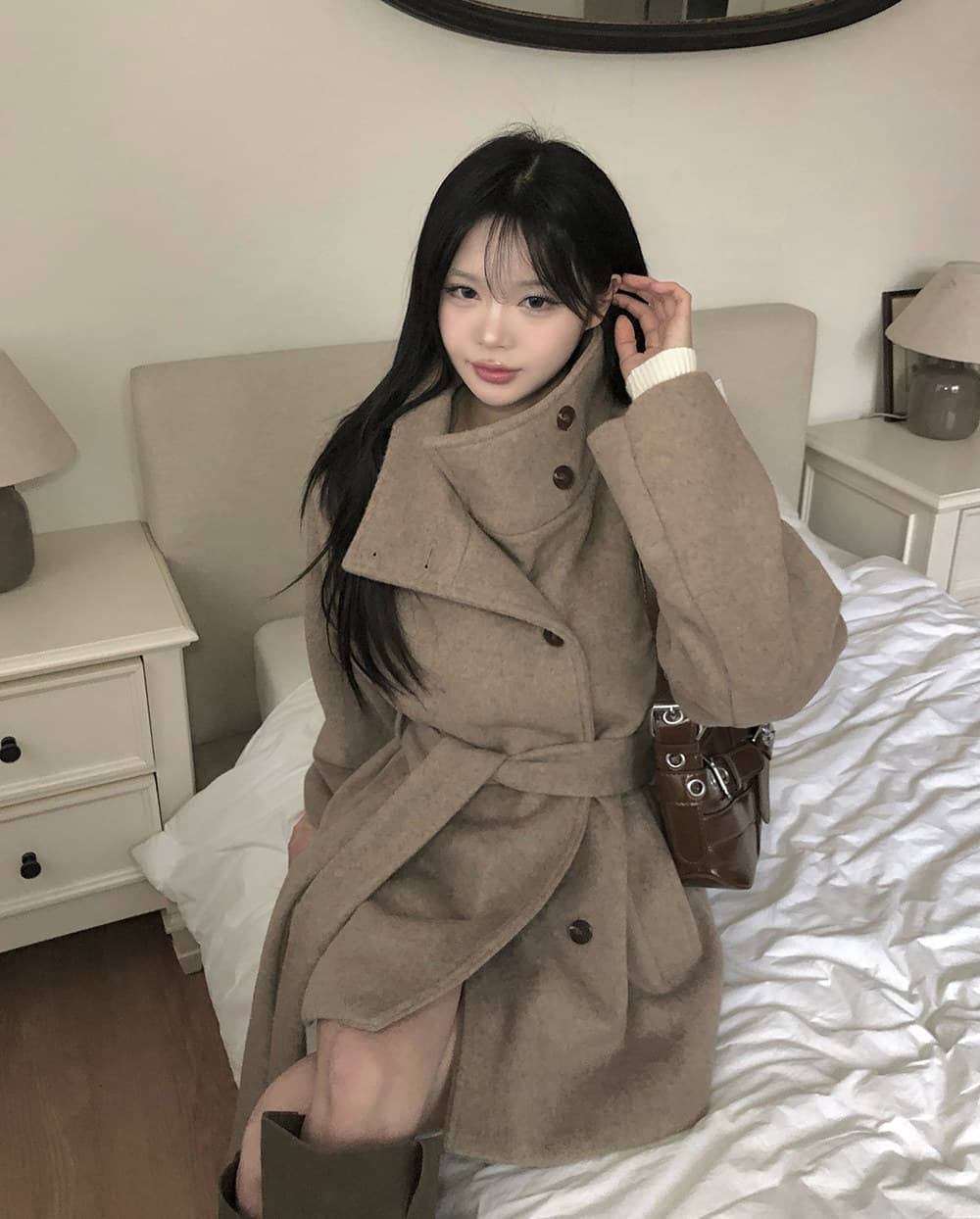 단색 스탠드 칼라 더블 버튼 미디 코트 (3color) 상세 이미지 23