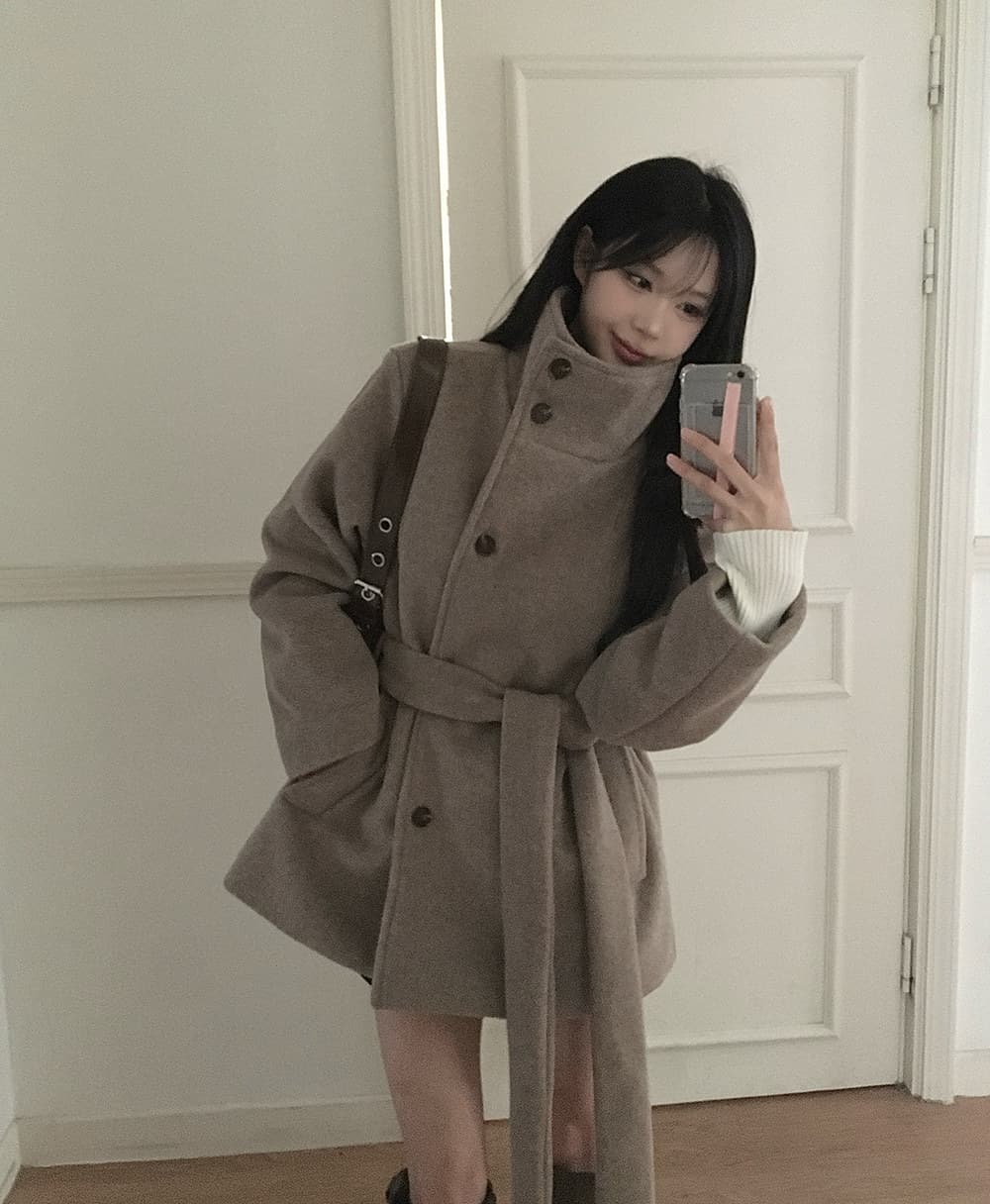 단색 스탠드 칼라 더블 버튼 미디 코트 (3color) 상세 이미지 26