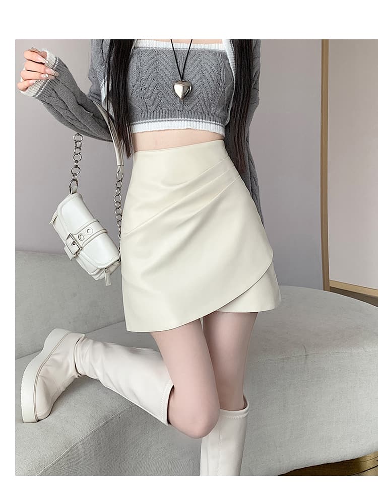 주름 언밸런스 하이웨이스트 A라인 PU 스커트 상세 이미지 26