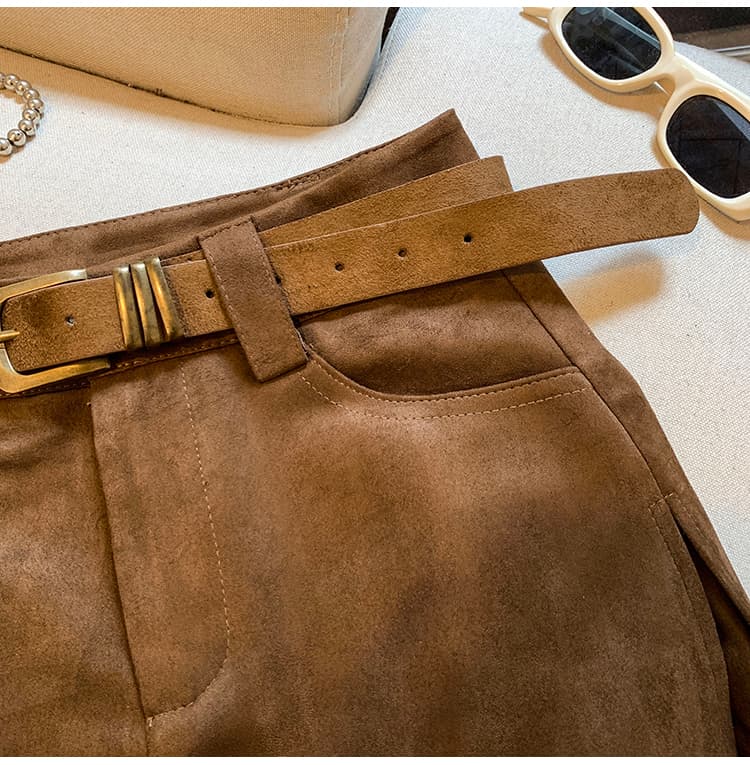 스웨이드 하이웨이스트 레트로 A라인 미니 스커트 상세 이미지 22
