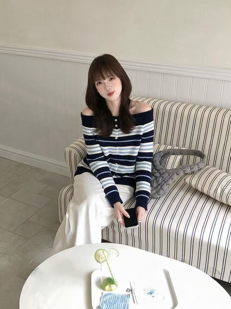레트로 배색 오프숄더 스트라이프 가디건 상세 이미지 7