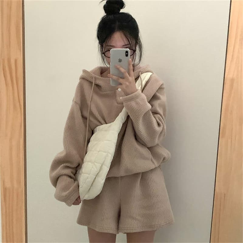 후드 루즈 스웨트셔츠 와이드 쇼츠 세트 상세 이미지 6