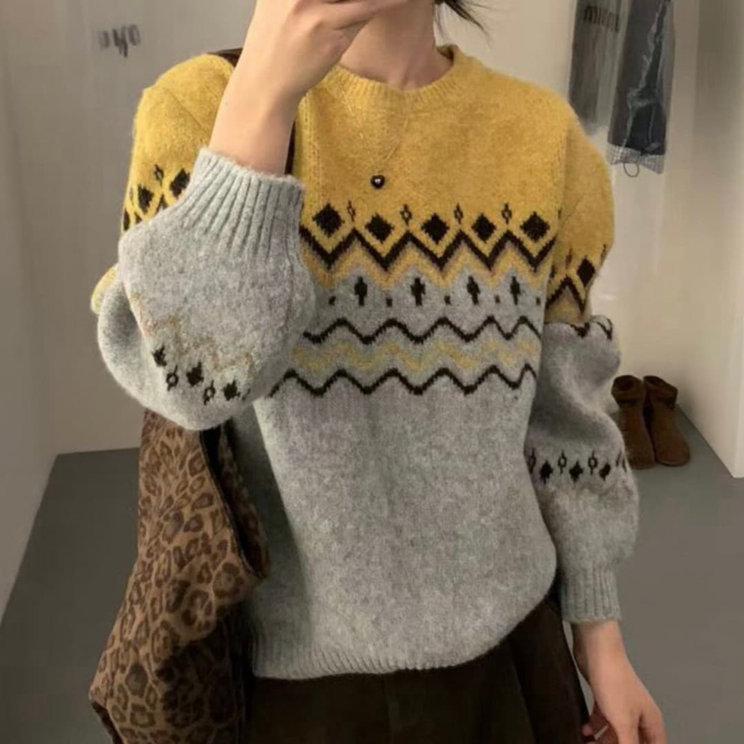 페어아일 레트로 배색 라운드넥 니트 (3color) 상세 이미지 3