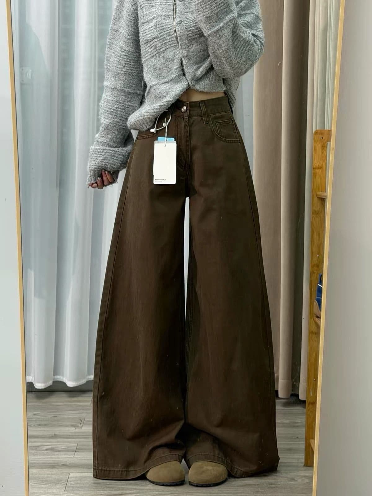 브라운 하이웨이스트 와이드 데님 팬츠 상세 이미지 3