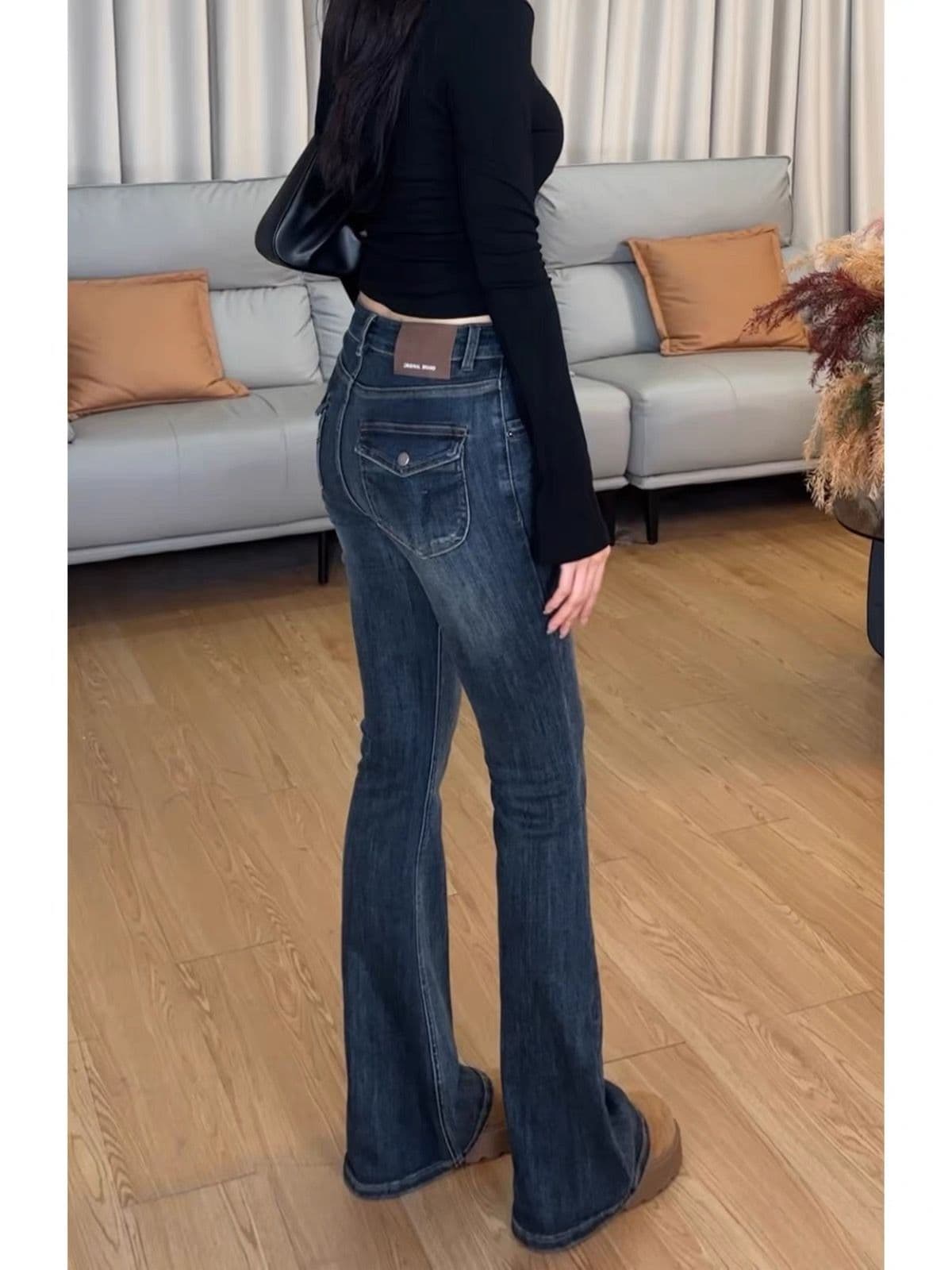 레트로 블루 미드웨이스트 플레어 데님 팬츠 상세 이미지 3