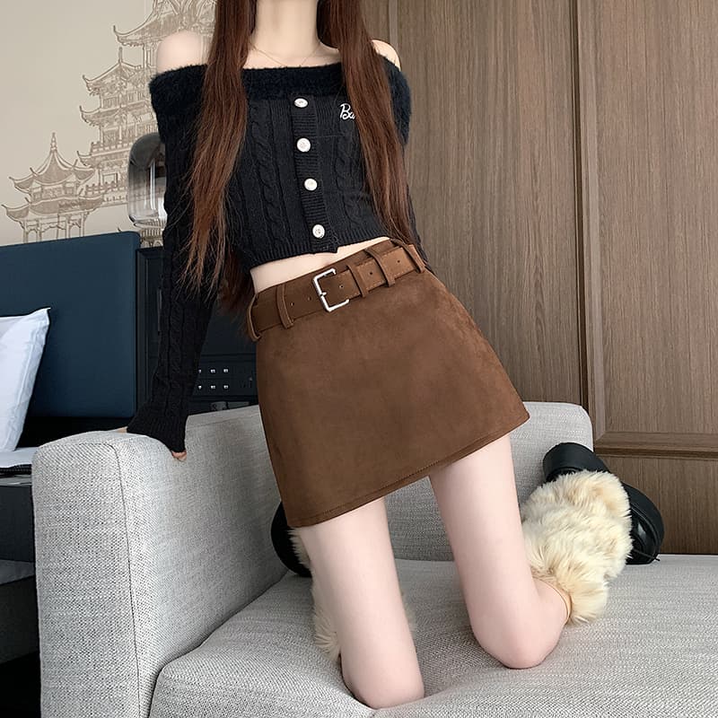 벨트 디테일 스웨이드 미니 스커트 (3color)
