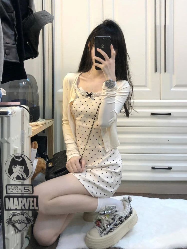 한국풍 리본 포인트 폴카닷 슬리브리스 원피스 세트 상세 이미지 4