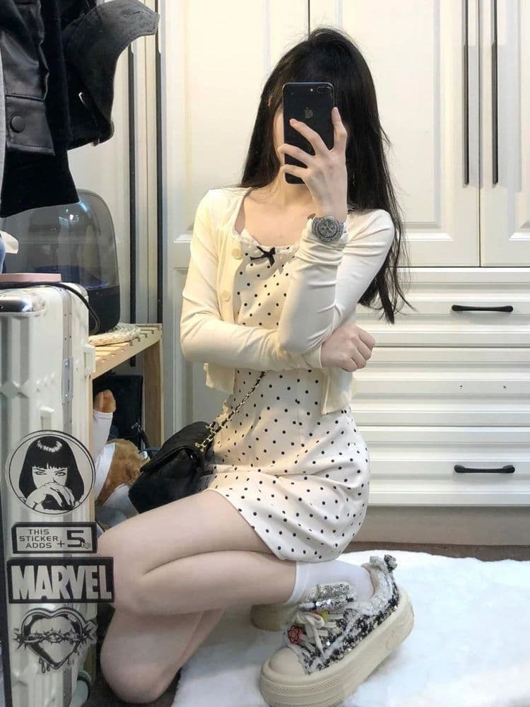 한국풍 리본 포인트 폴카닷 슬리브리스 원피스 세트 상세 이미지 5