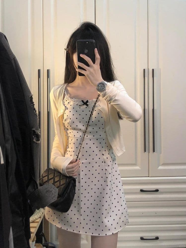 한국풍 리본 포인트 폴카닷 슬리브리스 원피스 세트 상세 이미지 8