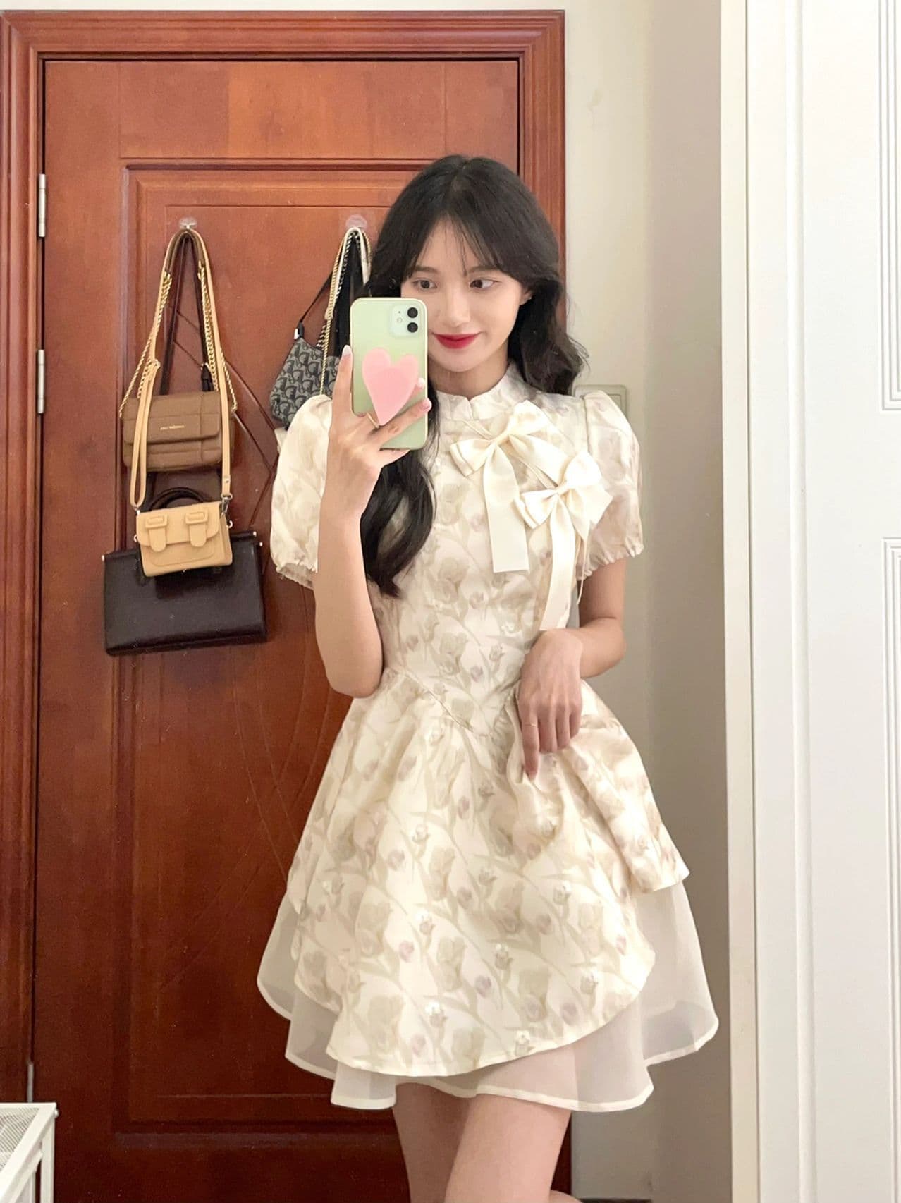 신중국풍 허리 라인 퍼프소매 플라워 미디 원피스 상세 이미지 2