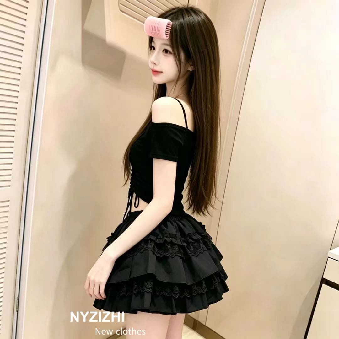 레이스 스커트 반소매 상의 세트 상세 이미지 4