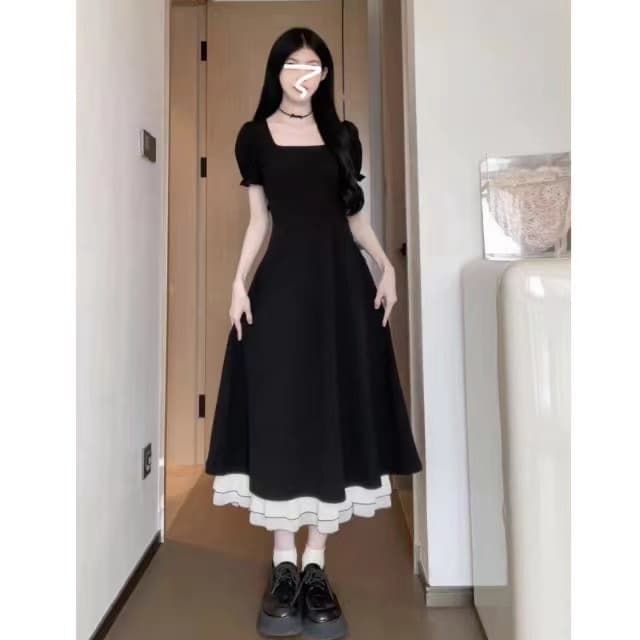 지퍼 포인트 배색 반소매 원피스 상세 이미지 3