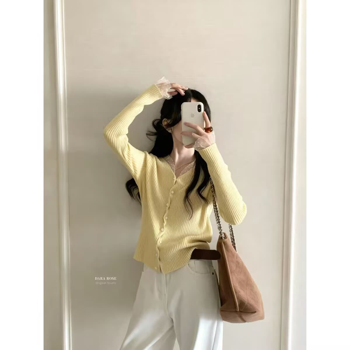 레이스 스플라이싱 V넥 가디건 (5color) 상세 이미지 6