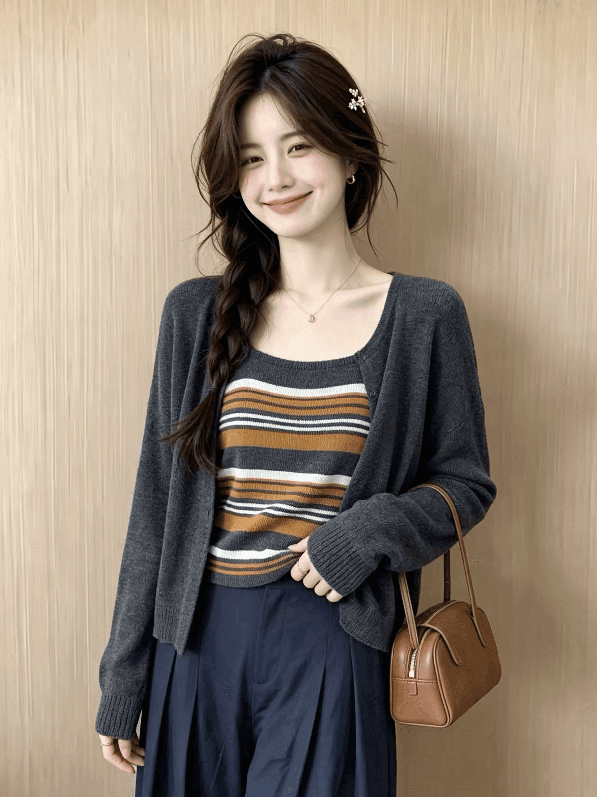 스트라이프 슬리브리스 세트 가디건 (3color) 상세 이미지 3