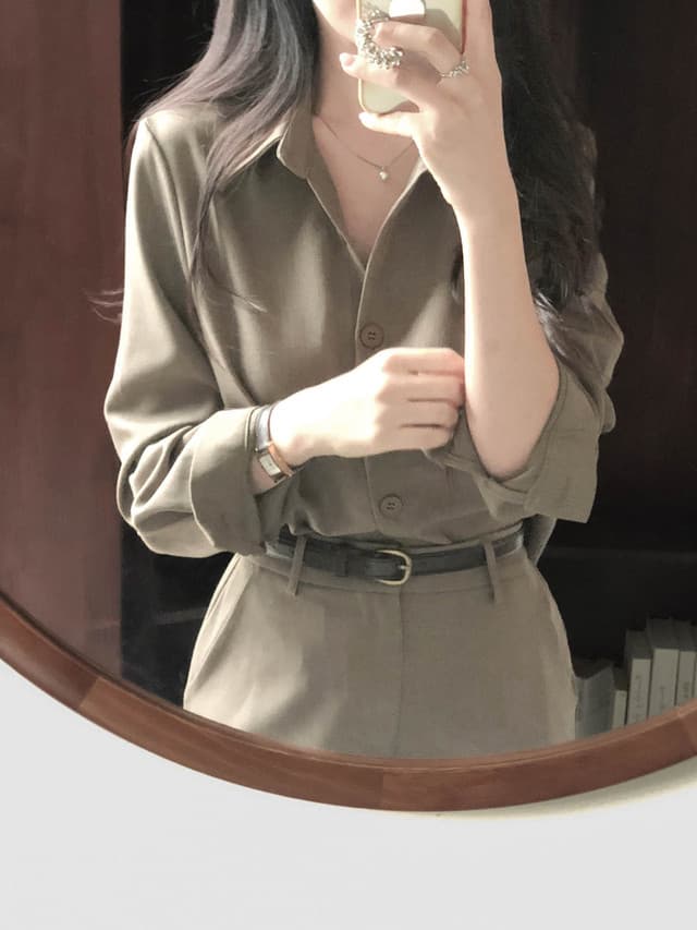 폴드 칼라 긴소매 셔츠 하이웨이스트 쇼츠 세트 상세 이미지 8
