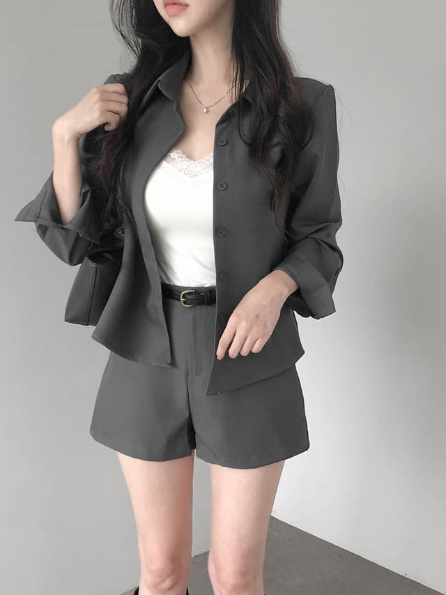 폴드 칼라 긴소매 셔츠 하이웨이스트 쇼츠 세트 상세 이미지 12