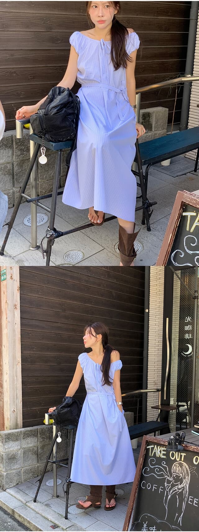 오프숄더 허리 셔링 루즈핏 미디 원피스 상세 이미지 19