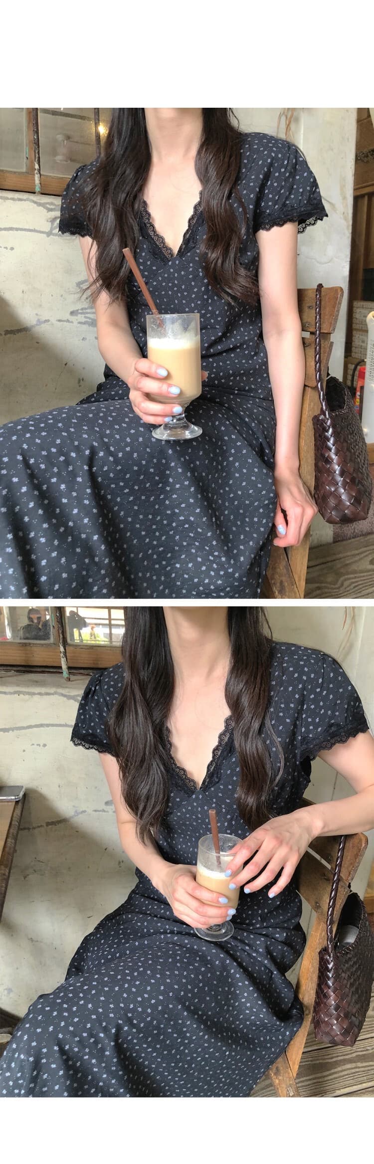 레이스 V넥 끈 장식 블랙 플라워 롱 원피스 상세 이미지 9