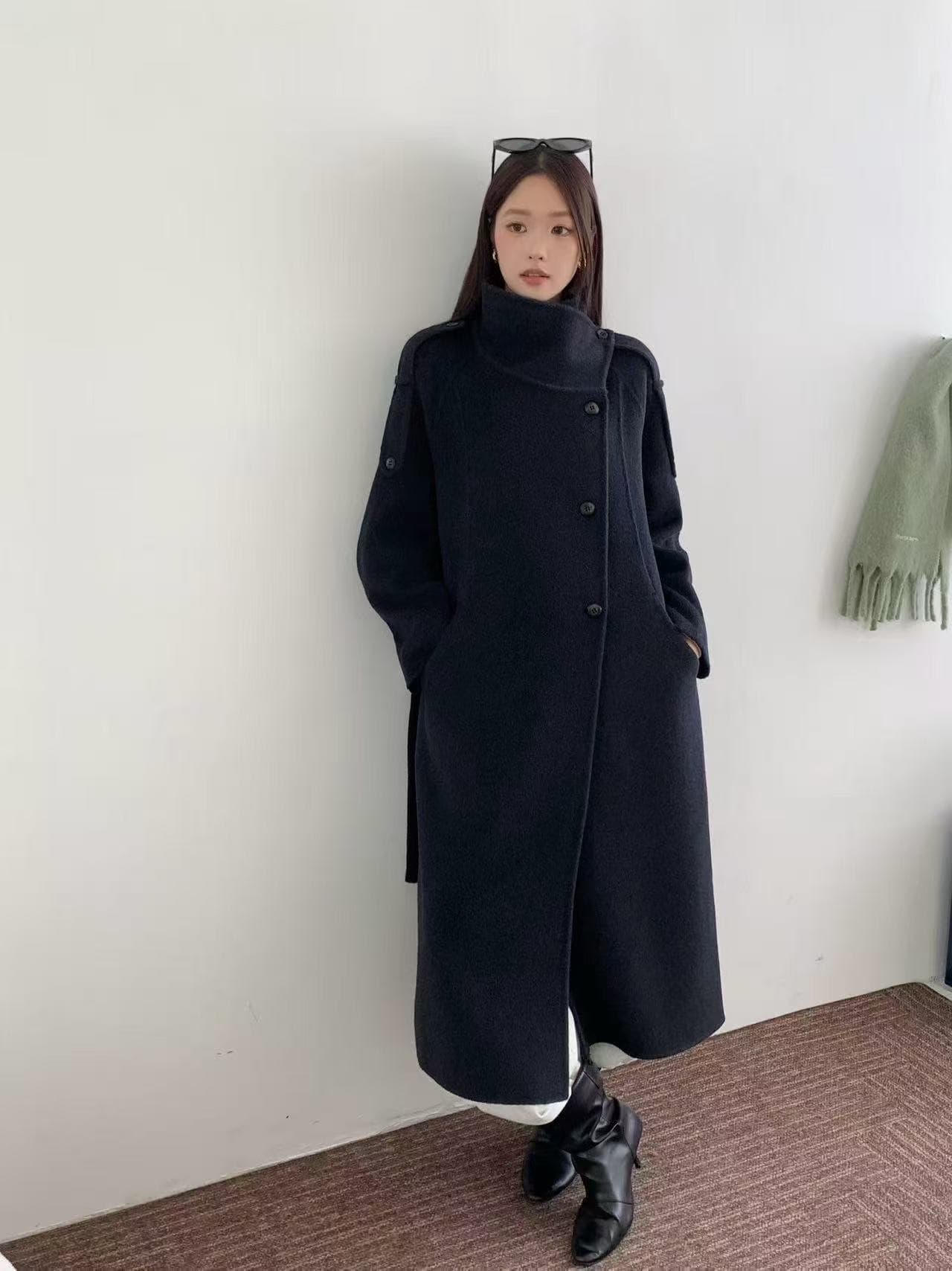 스탠드 칼라 롱 울 코트 상세 이미지 1