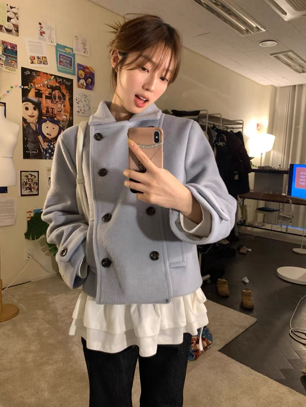 레트로 프레피 스탠드 칼라 더블 버튼 퀼팅 울 코트 (3color) 상세 이미지 6