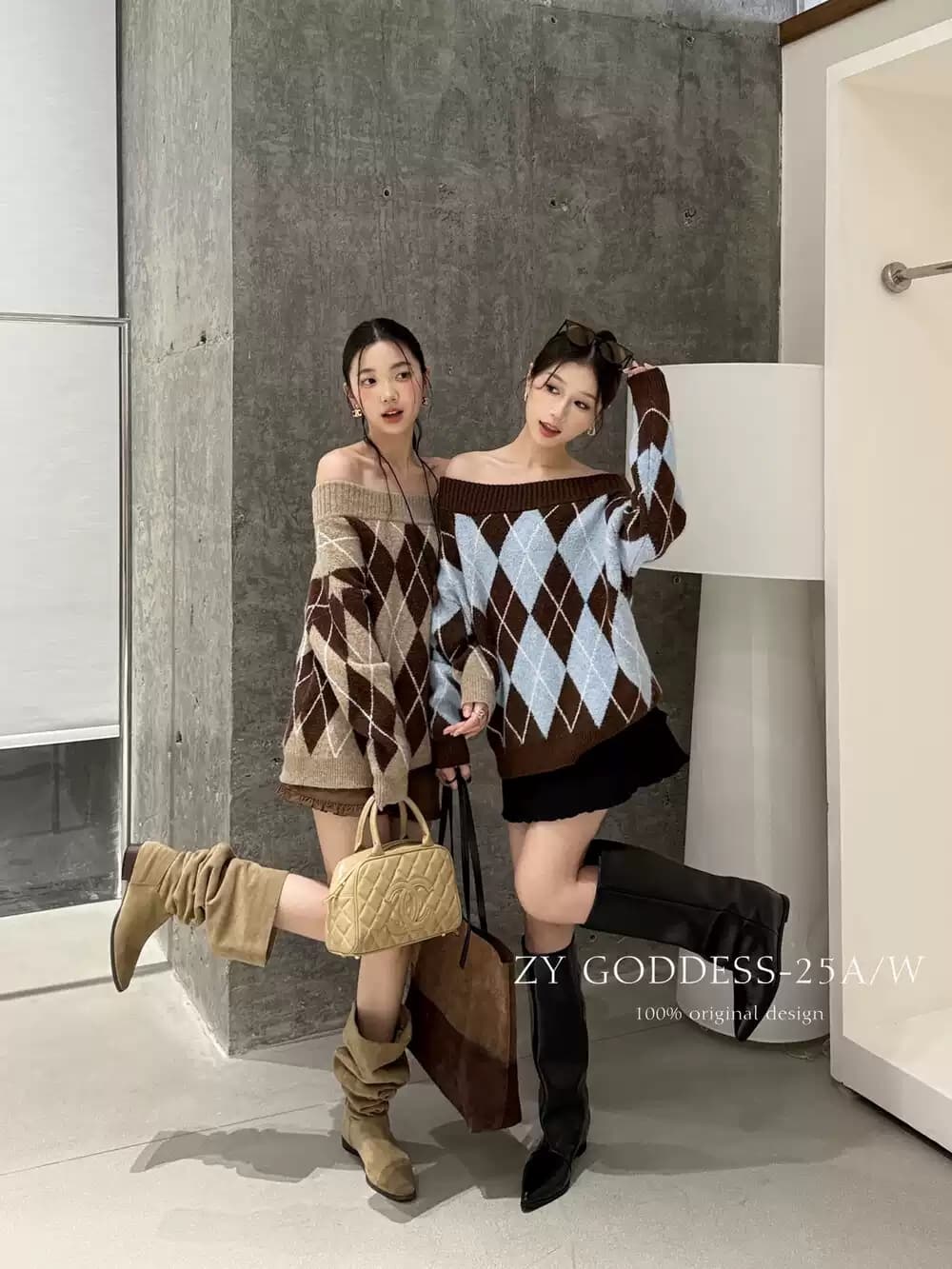 배색 다이아몬드 퀼팅 라운드넥 니트 상세 이미지 1