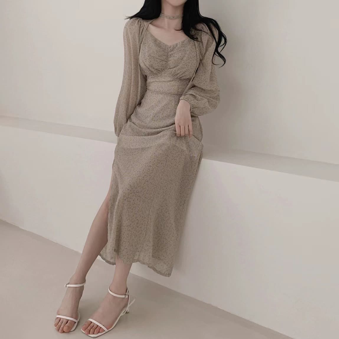 오프숄더 퍼프소매 플라워 롱 원피스 상세 이미지 7