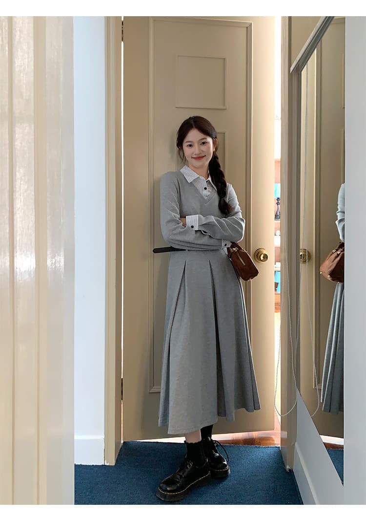 레이어드 디자인 허리 조임 A라인 롱 원피스 상세 이미지 18
