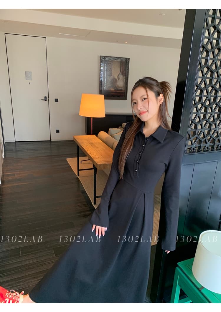 프랑스풍 폴드 칼라 허리 라인 롱 원피스 상세 이미지 7