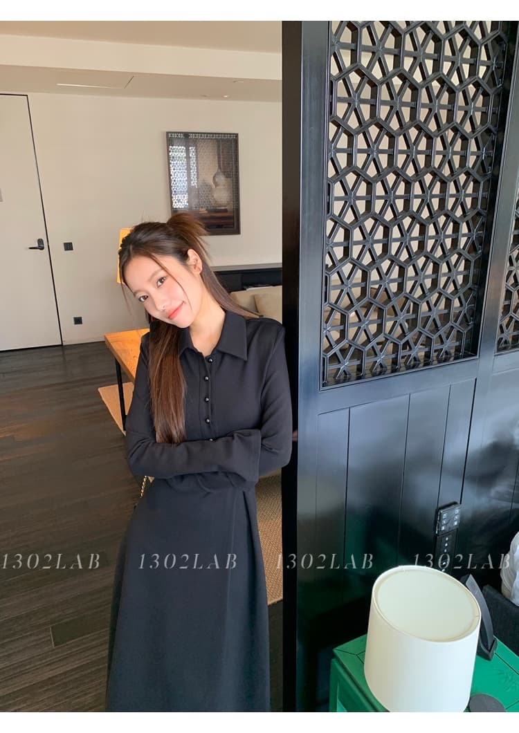 프랑스풍 폴드 칼라 허리 라인 롱 원피스 상세 이미지 9