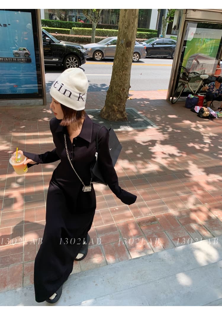 프랑스풍 폴드 칼라 허리 라인 롱 원피스 상세 이미지 18