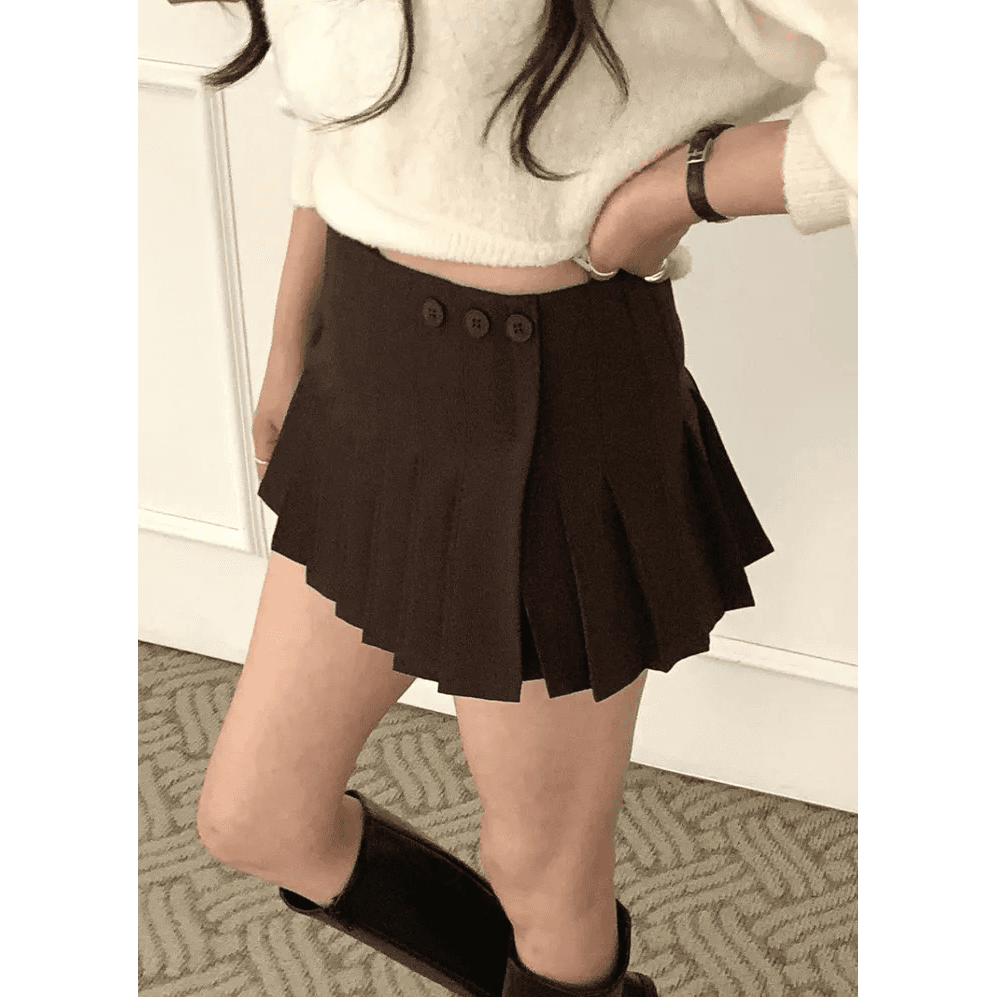 프레피 버튼 디테일 플리츠 스커트 (4color)