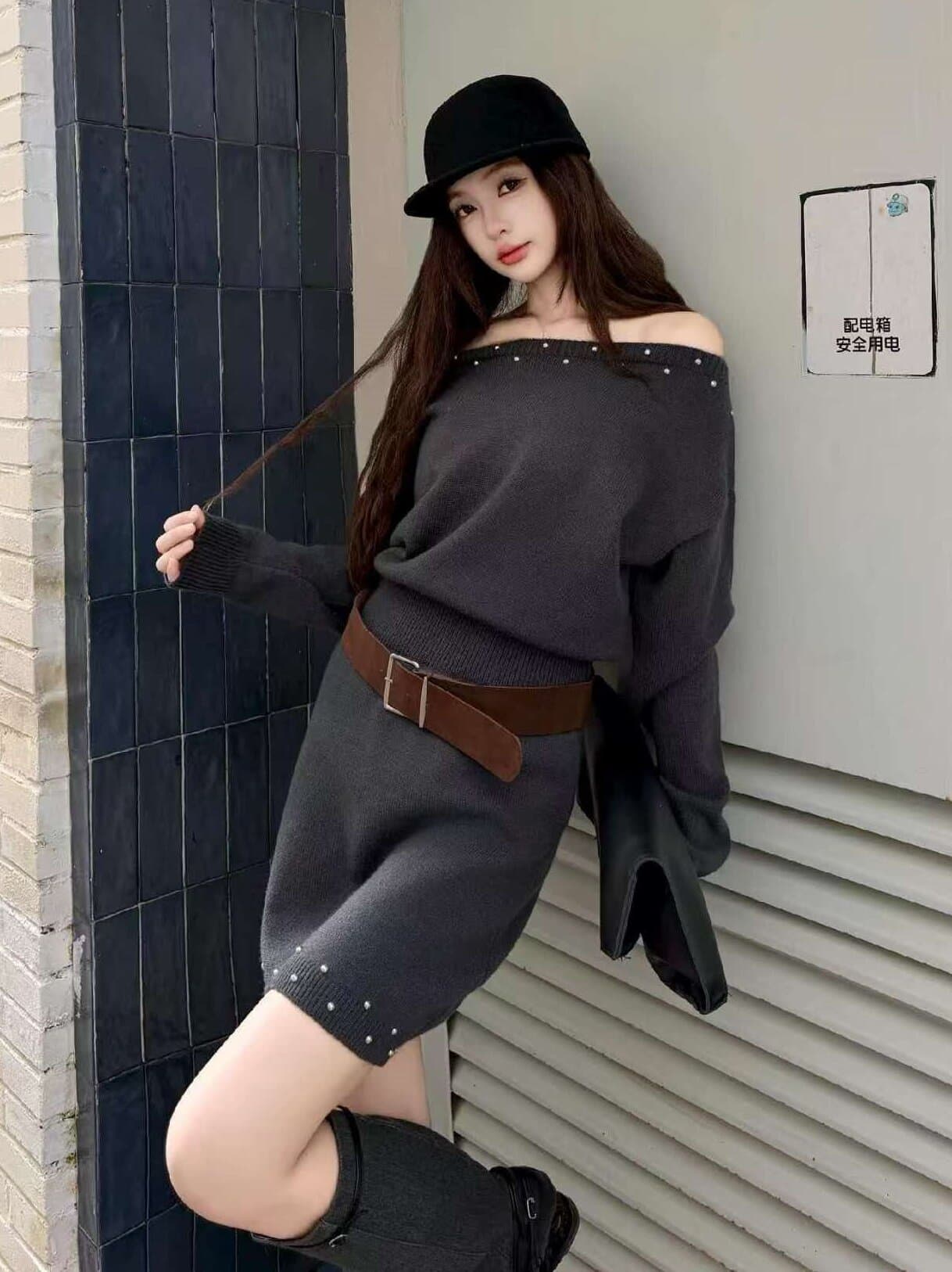 오프숄더 진주 장식 니트 원피스 (4color) 상세 이미지 3