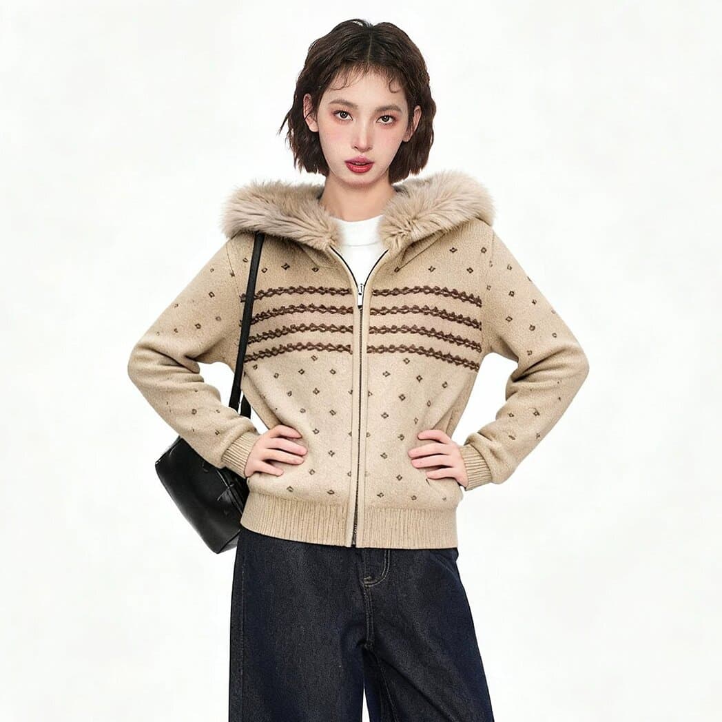 페어아일 모피 칼라 후드 가디건 (3color) 상세 이미지 2