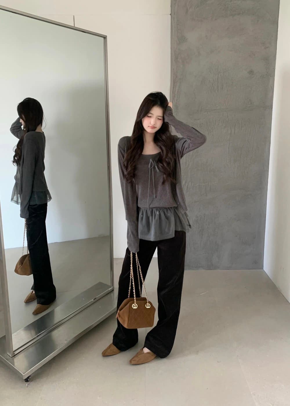 망사 밑단 끈 조임 민소매 가디건 세트 상세 이미지 3
