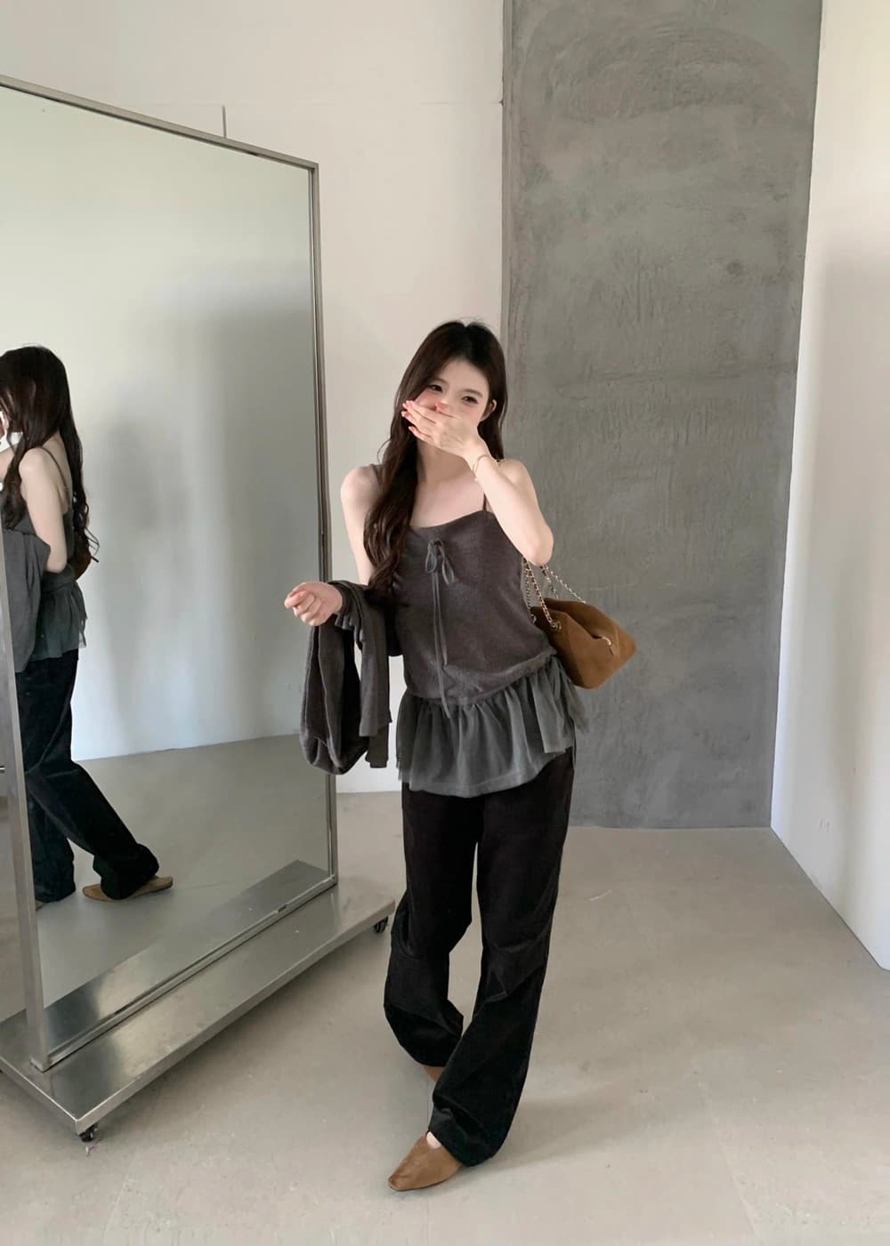 망사 밑단 끈 조임 민소매 가디건 세트 상세 이미지 7
