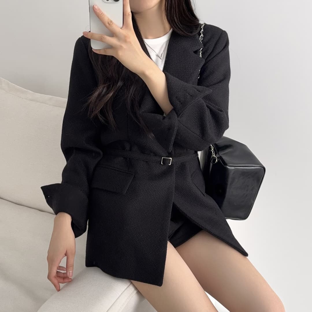폴드 칼라 허리 셔링 울 코트 상세 이미지 11