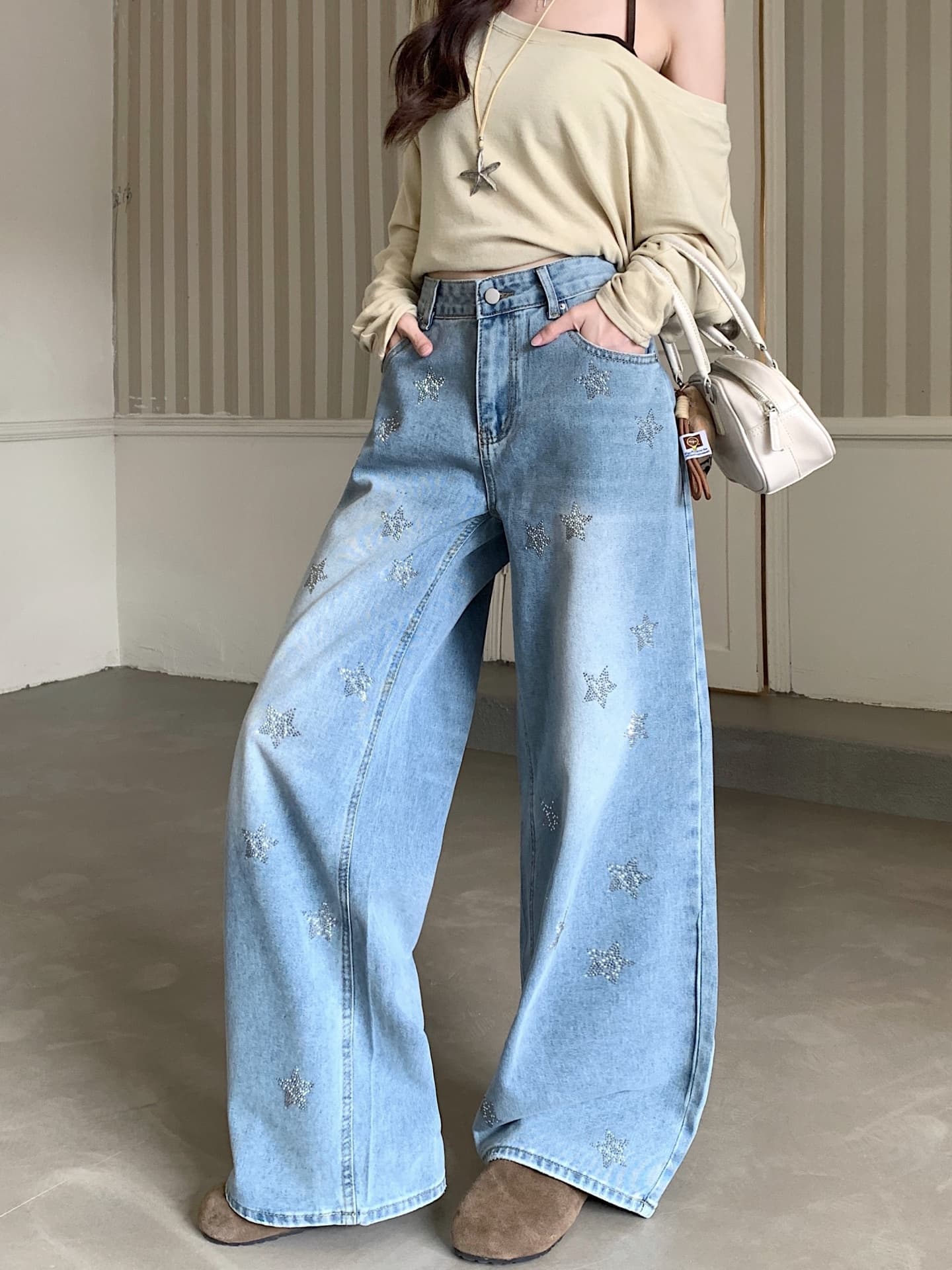 스타일 워싱 별 장식 스트레이트 데님 팬츠 상세 이미지 13