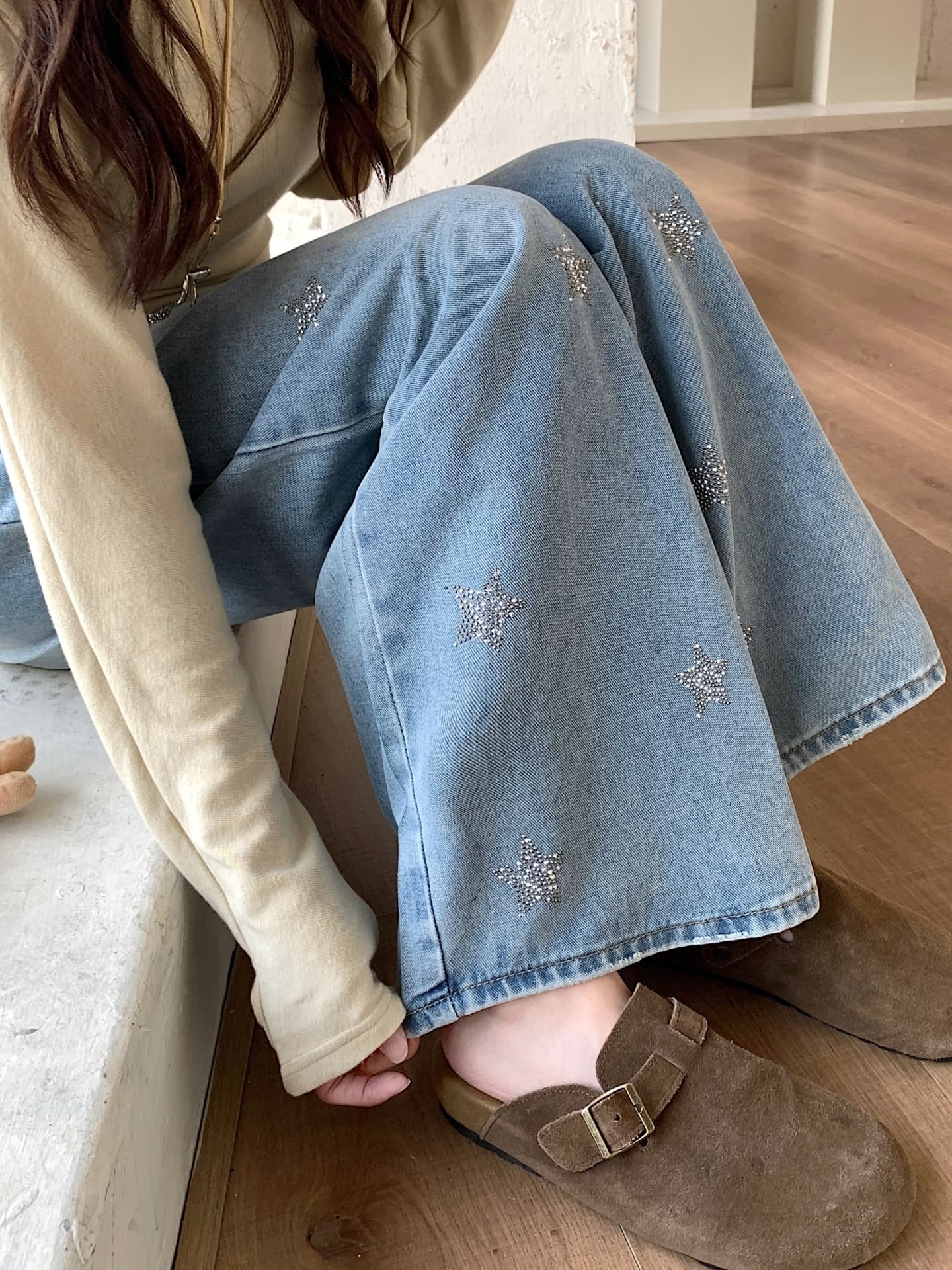 스타일 워싱 별 장식 스트레이트 데님 팬츠 상세 이미지 15