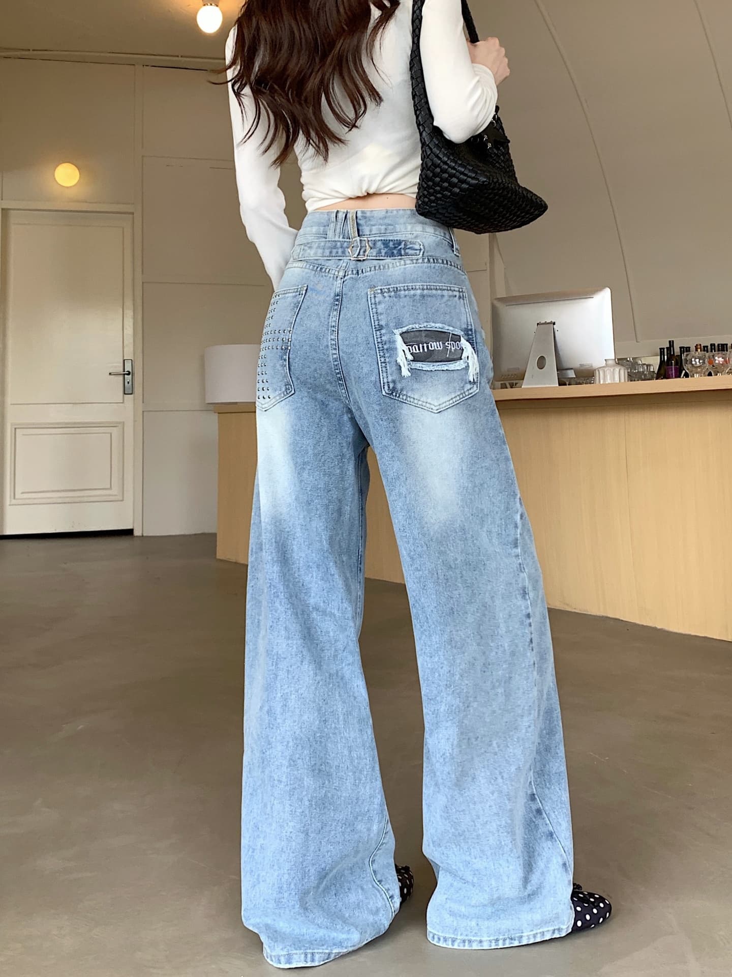 크로스 스터드 워싱 스트레이트 데님 팬츠 상세 이미지 8