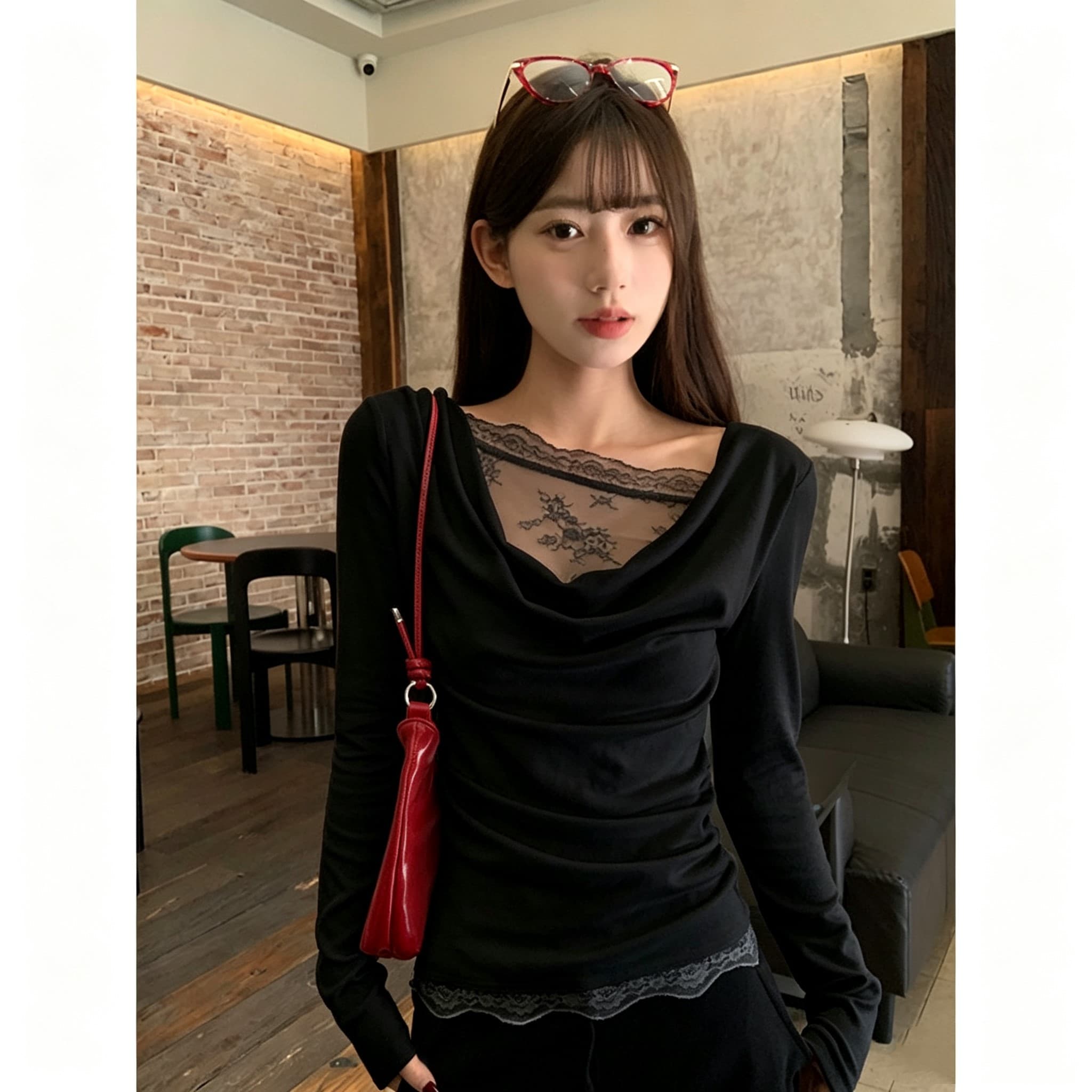 레이스 원숄더 긴소매 티셔츠 상세 이미지 2