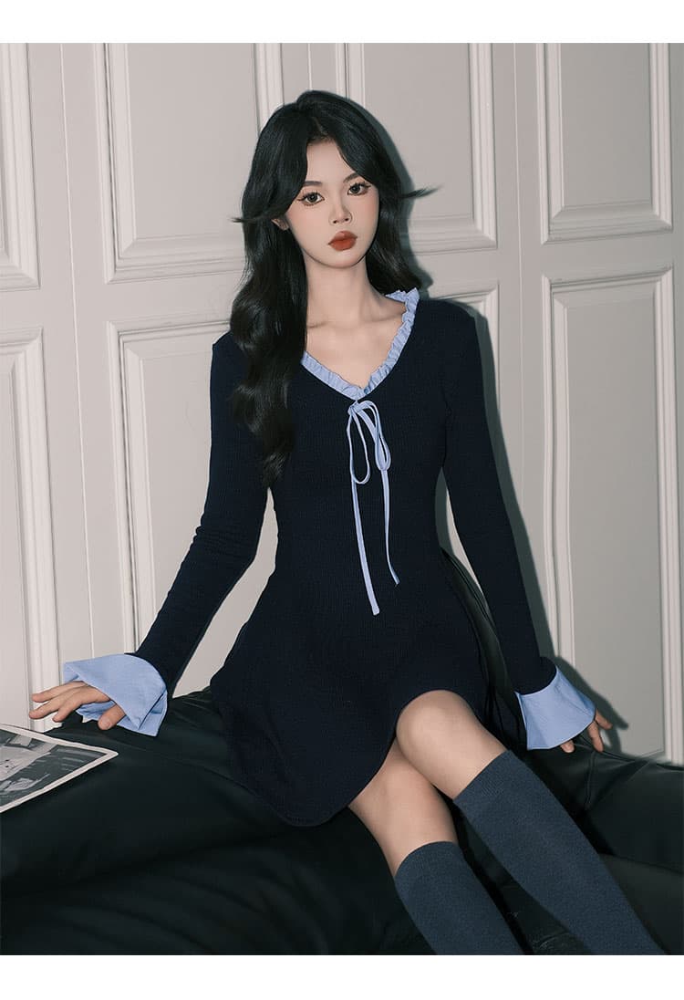 프릴 V넥 긴소매 미니 원피스 상세 이미지 10