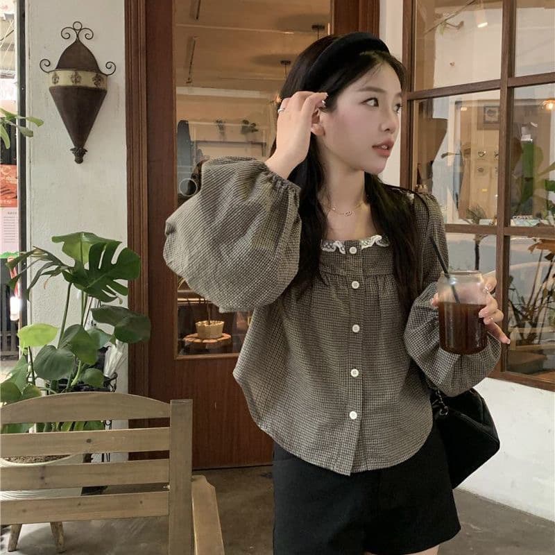 레트로 체크 폴드 칼라 긴소매 셔츠 상세 이미지 1
