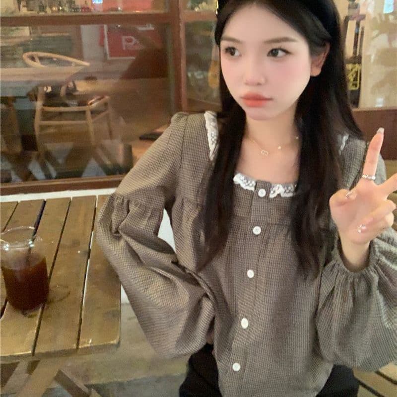 레트로 체크 폴드 칼라 긴소매 셔츠 상세 이미지 3