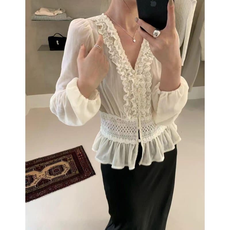 V넥 레이스 퍼프소매 쉬폰 가디건