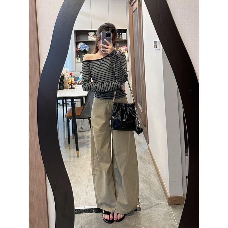 카키 하이웨이스트 와이드 데님 팬츠 상세 이미지 8