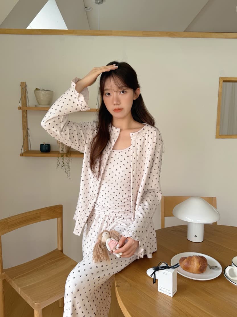 (캡내장) 잔꽃 나시 긴팔 긴바지 프릴 홈웨어 세트 (3color) 상세 이미지 17
