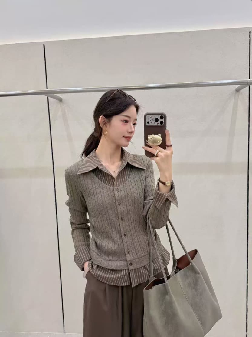 레이어드 셔츠 배색 꽈배기 니트 가디건 상세 이미지 9