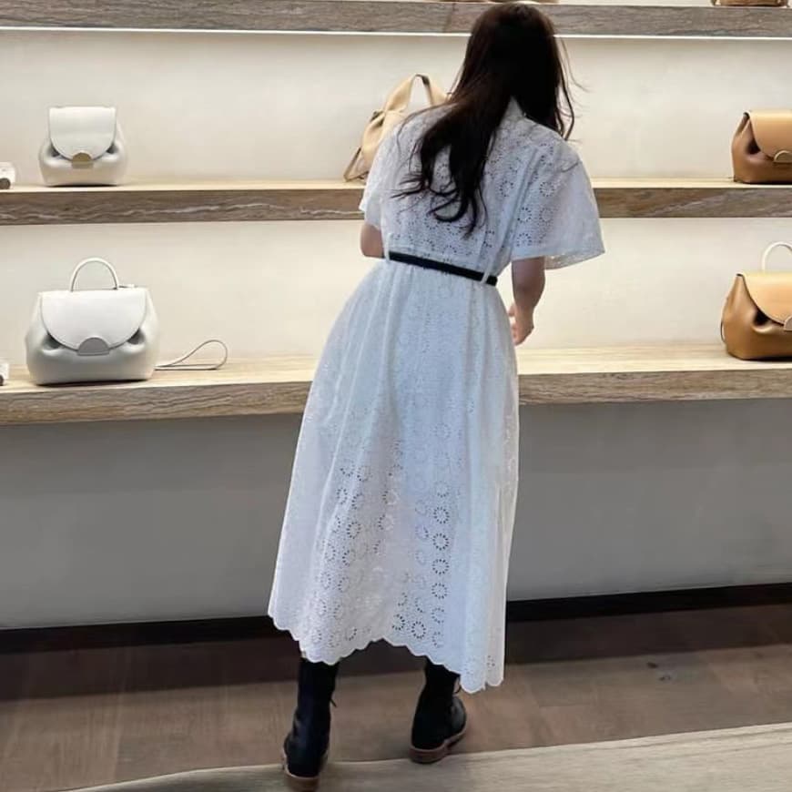 자수 레이스 V넥 반소매 미디 원피스 상세 이미지 20